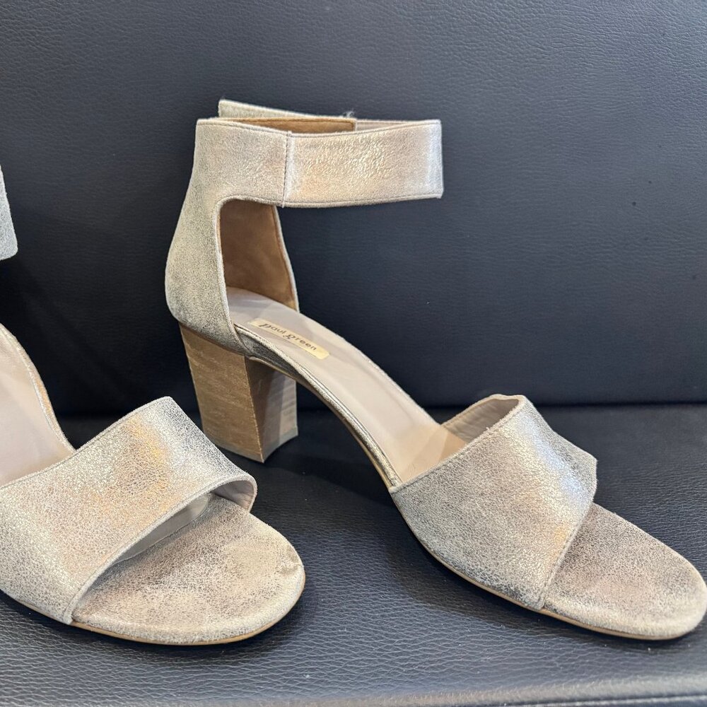 Paul Green Metallic Gold Leather Stacked Heel Sandals Women's Size 6